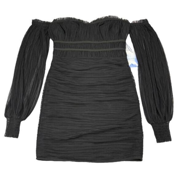 NWT MAJORELLE Zata Pleated Mesh Mini Off The Shoulder Dress Size XXS Black - Picture 3 of 6